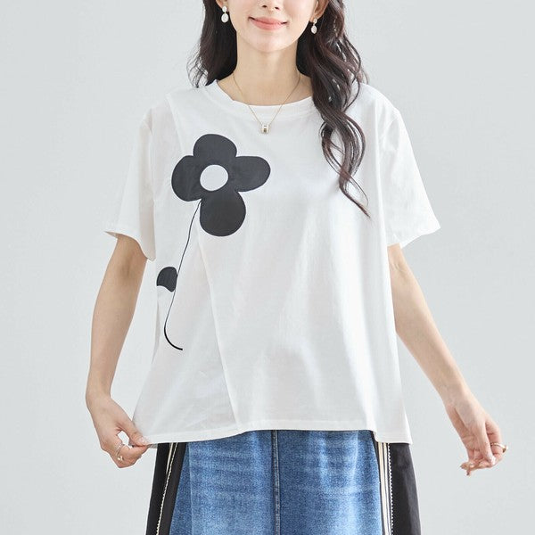【M〜L】フラワーモチーフ切替Tシャツ（N12-542）｜大人の可愛さ×ゆったり着心地