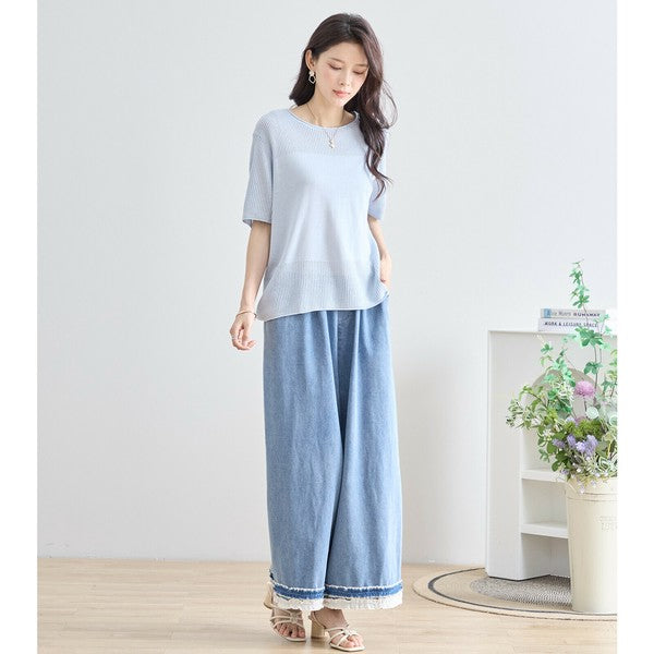 【M〜L】裾レース切替デニムライクガウチョパンツ（N52-090A）｜涼やかワイド×ナチュラル可愛い