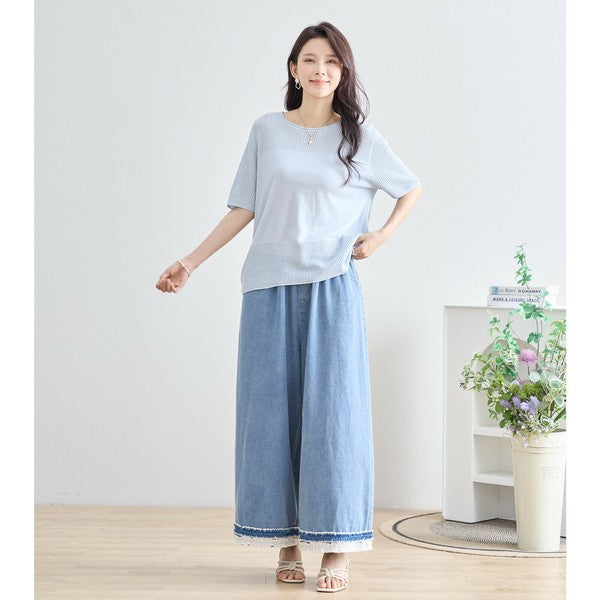【M〜L】裾レース切替デニムライクガウチョパンツ（N52-090A）｜涼やかワイド×ナチュラル可愛い
