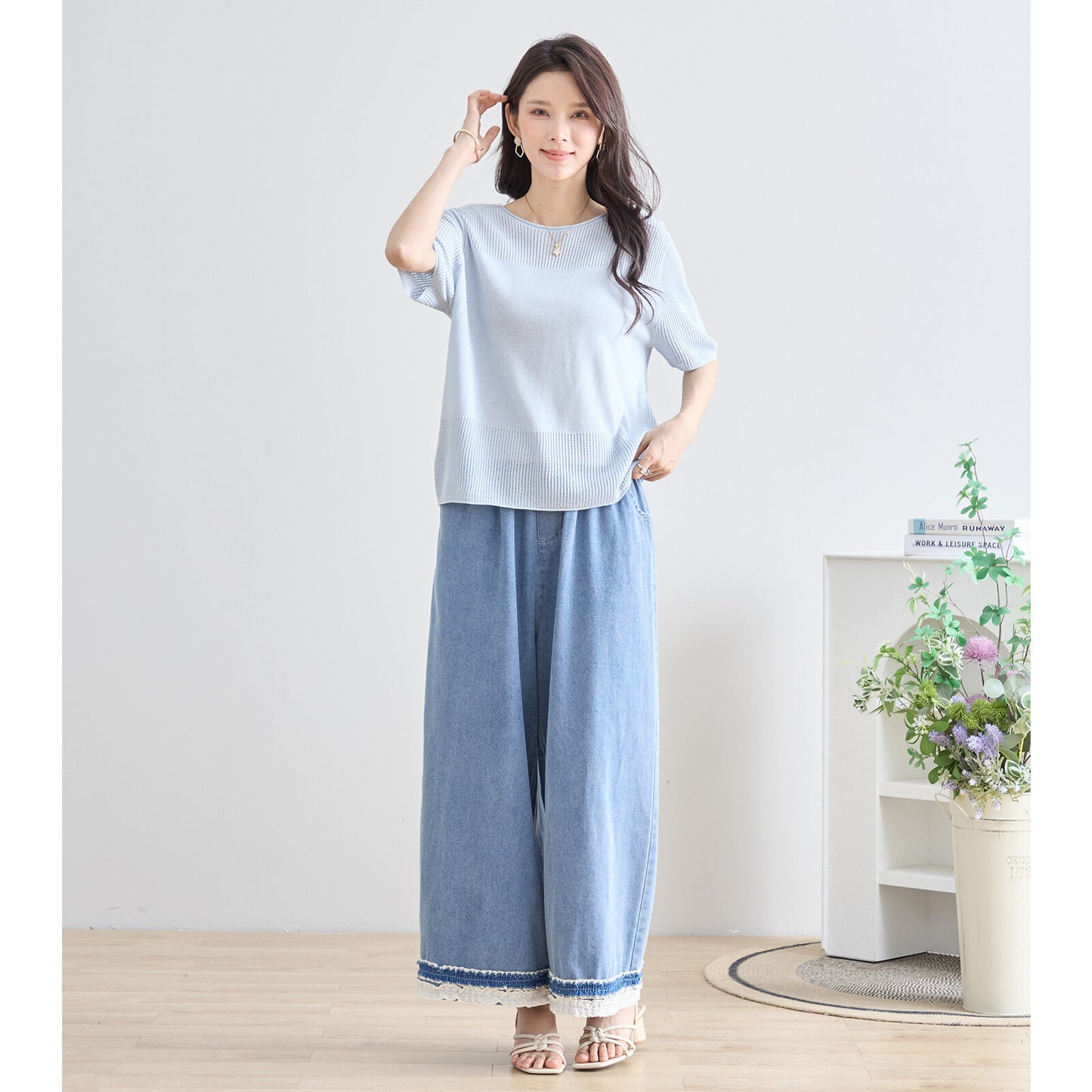 【M〜L】裾レース切替デニムライクガウチョパンツ（N52-090A）｜涼やかワイド×ナチュラル可愛い