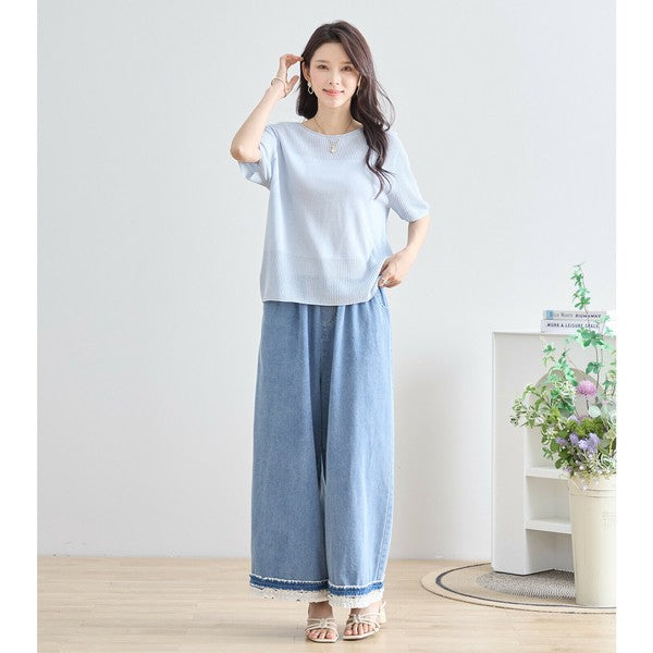 【M〜L】裾レース切替デニムライクガウチョパンツ（N52-090A）｜涼やかワイド×ナチュラル可愛い