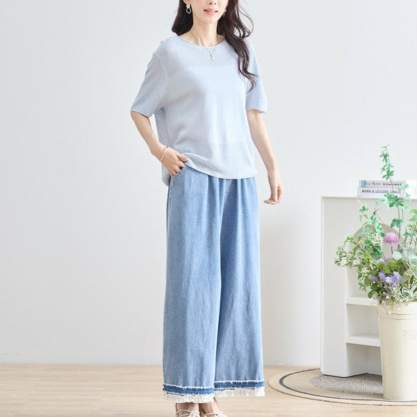 【M〜L】裾レース切替デニムライクガウチョパンツ（N52-090A）｜涼やかワイド×ナチュラル可愛い