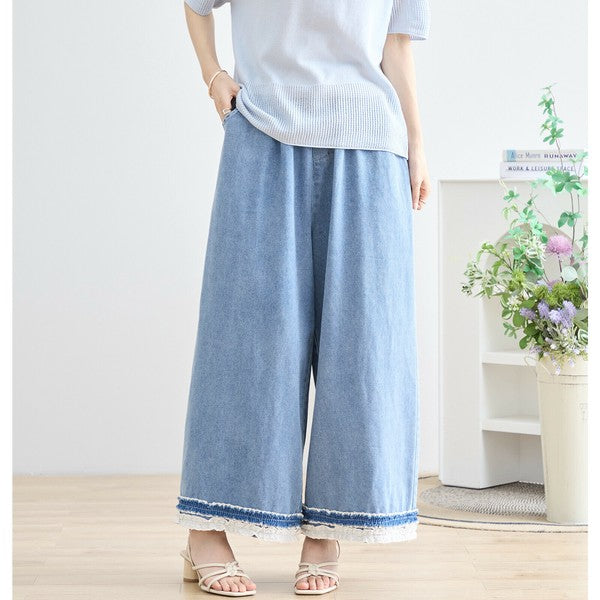 【M〜L】裾レース切替デニムライクガウチョパンツ（N52-090A）｜涼やかワイド×ナチュラル可愛い