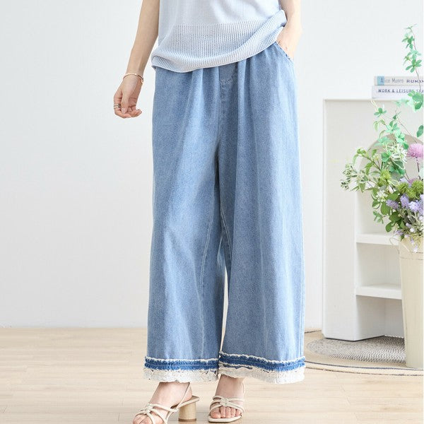 【M〜L】裾レース切替デニムライクガウチョパンツ（N52-090A）｜涼やかワイド×ナチュラル可愛い