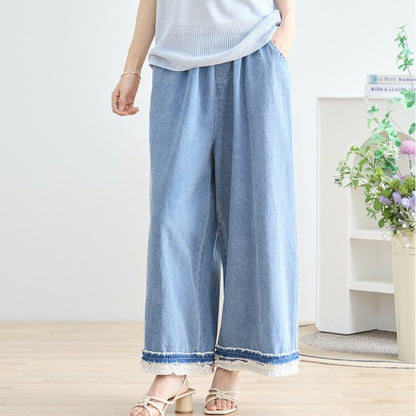 【M〜L】裾レース切替デニムライクガウチョパンツ（N52-090A）｜涼やかワイド×ナチュラル可愛い