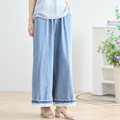 【M〜L】裾レース切替デニムライクガウチョパンツ（N52-090A）｜涼やかワイド×ナチュラル可愛い