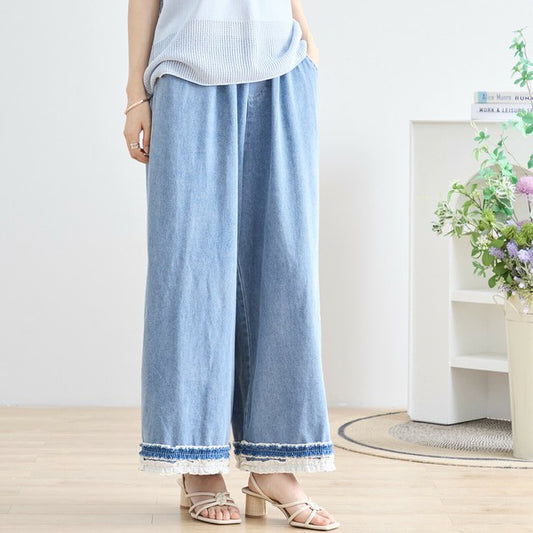 裾レース切替 デニムライク ガウチョパンツ ワイドパンツ ウエストゴム 綿100%