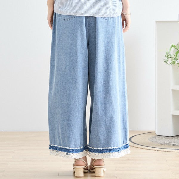 【M〜L】裾レース切替デニムライクガウチョパンツ（N52-090A）｜涼やかワイド×ナチュラル可愛い
