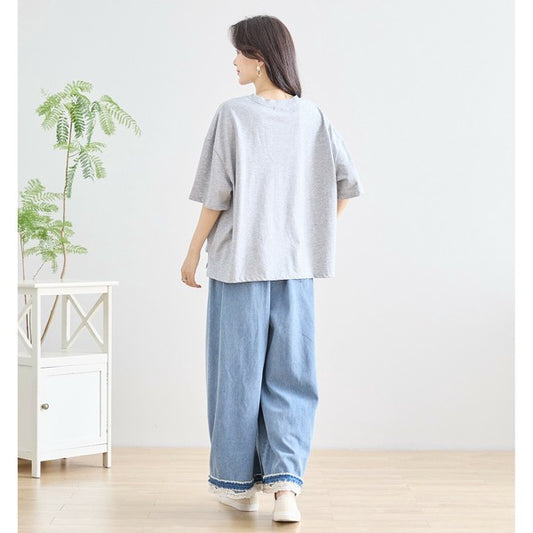 【M〜L】裾レース切替デニムライクガウチョパンツ（N52-090A）｜涼やかワイド×ナチュラル可愛い
