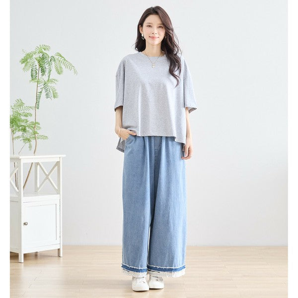 【M〜L】裾レース切替デニムライクガウチョパンツ（N52-090A）｜涼やかワイド×ナチュラル可愛い