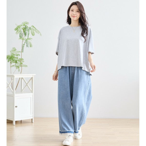 【M〜L】裾レース切替デニムライクガウチョパンツ（N52-090A）｜涼やかワイド×ナチュラル可愛い
