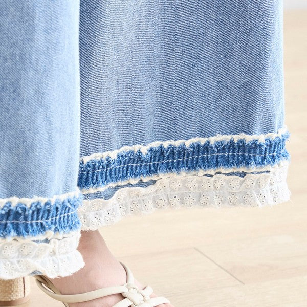 【M〜L】裾レース切替デニムライクガウチョパンツ（N52-090A）｜涼やかワイド×ナチュラル可愛い
