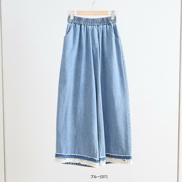 【M〜L】裾レース切替デニムライクガウチョパンツ（N52-090A）｜涼やかワイド×ナチュラル可愛い