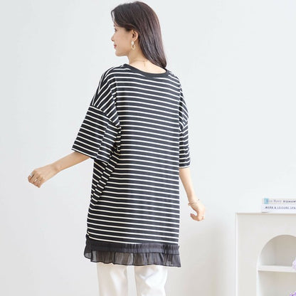 トップス L~LL 大きいサイズ 裾フリル ボーダー チュニック カットソー レディース 半袖 ゆったりサイズ 夏/N12-642
