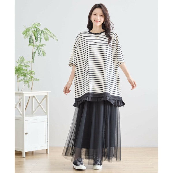 トップス L~LL 大きいサイズ 裾フリル ボーダー チュニック カットソー レディース 半袖 ゆったりサイズ 夏/N12-642