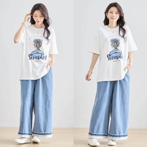 【M〜L】立体リボン×刺繍ガールプリントTシャツ｜ゆったりサイズ×綿混×3色展開（N12-627）