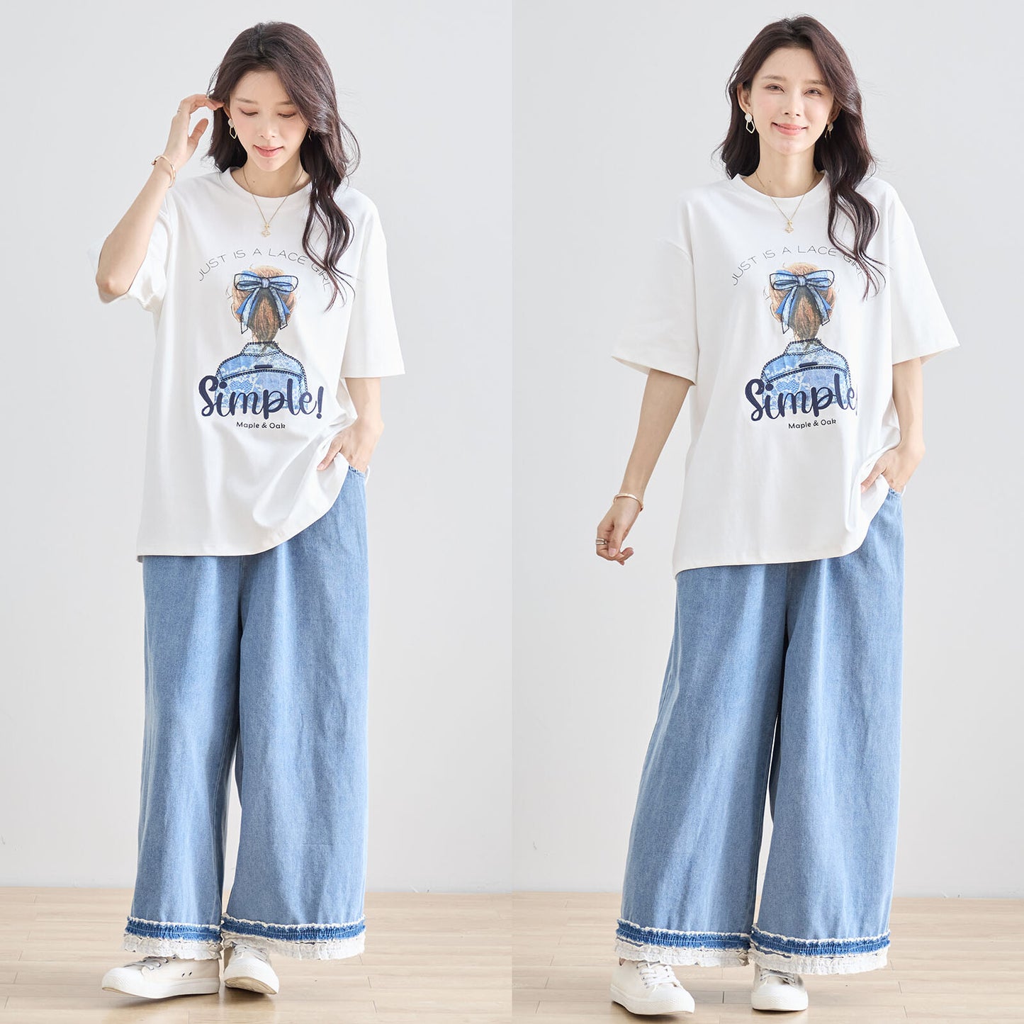 【M〜L】立体リボン×刺繍ガールプリントTシャツ｜ゆったりサイズ×綿混×3色展開（N12-627）