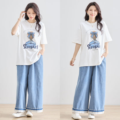 【M〜L】立体リボン×刺繍ガールプリントTシャツ｜ゆったりサイズ×綿混×3色展開（N12-627）