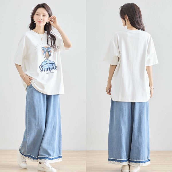 【M〜L】立体リボン×刺繍ガールプリントTシャツ｜ゆったりサイズ×綿混×3色展開（N12-627）