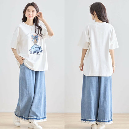 【M〜L】立体リボン×刺繍ガールプリントTシャツ｜ゆったりサイズ×綿混×3色展開（N12-627）