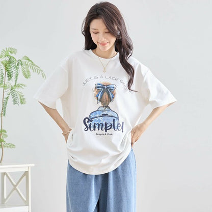 【M〜L】立体リボン×刺繍ガールプリントTシャツ｜ゆったりサイズ×綿混×3色展開（N12-627）