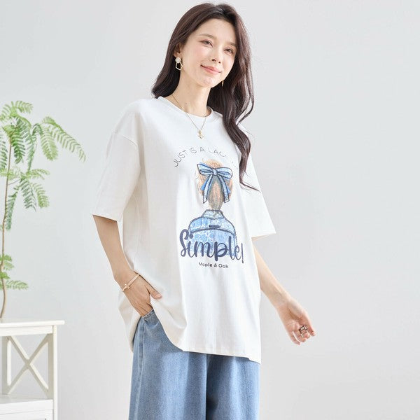 【M〜L】立体リボン×刺繍ガールプリントTシャツ｜ゆったりサイズ×綿混×3色展開（N12-627）