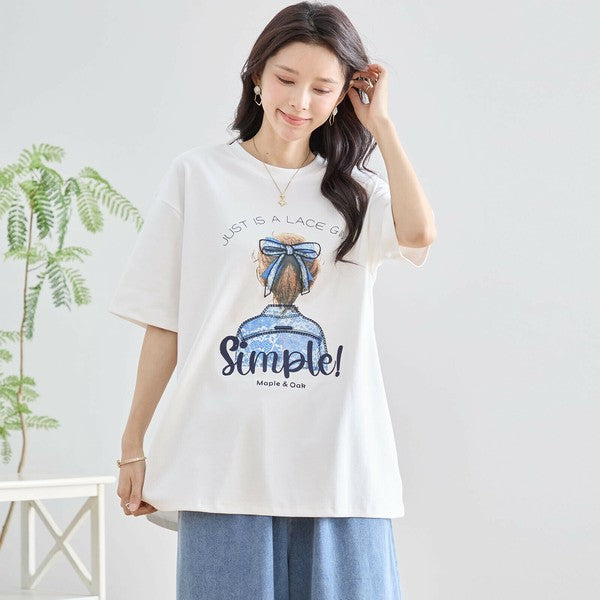 【M〜L】立体リボン×刺繍ガールプリントTシャツ｜ゆったりサイズ×綿混×3色展開（N12-627）