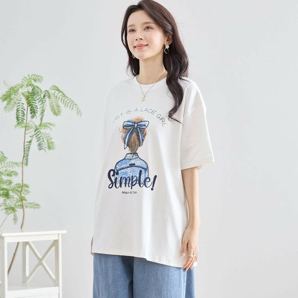 【M〜L】立体リボン×刺繍ガールプリントTシャツ｜ゆったりサイズ×綿混×3色展開（N12-627）