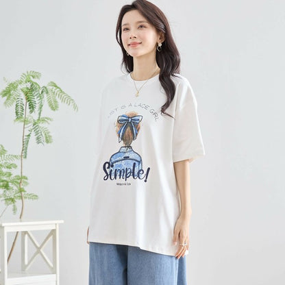 【M〜L】立体リボン×刺繍ガールプリントTシャツ｜ゆったりサイズ×綿混×3色展開（N12-627）