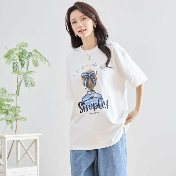 【M〜L】立体リボン×刺繍ガールプリントTシャツ｜ゆったりサイズ×綿混×3色展開（N12-627）