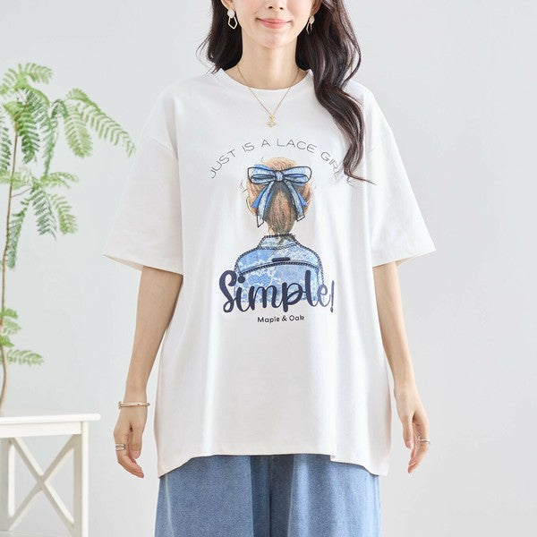 【M〜L】立体リボン×刺繍ガールプリントTシャツ｜ゆったりサイズ×綿混×3色展開（N12-627）