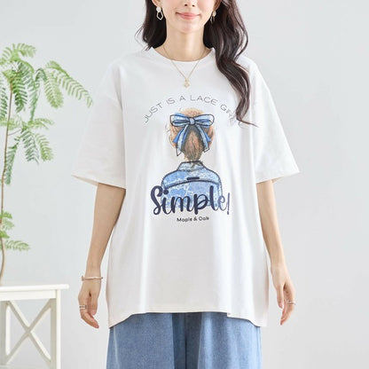 【M〜L】立体リボン×刺繍ガールプリントTシャツ｜ゆったりサイズ×綿混×3色展開（N12-627）