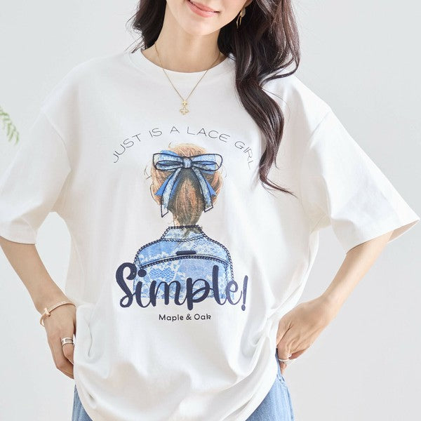【M〜L】立体リボン×刺繍ガールプリントTシャツ｜ゆったりサイズ×綿混×3色展開（N12-627）