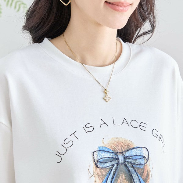【M〜L】立体リボン×刺繍ガールプリントTシャツ｜ゆったりサイズ×綿混×3色展開（N12-627）