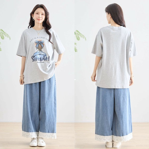 【M〜L】立体リボン×刺繍ガールプリントTシャツ｜ゆったりサイズ×綿混×3色展開（N12-627）