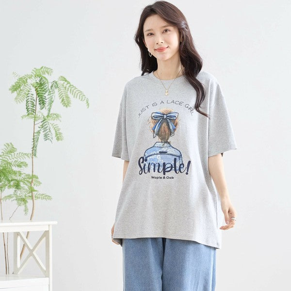 【M〜L】立体リボン×刺繍ガールプリントTシャツ｜ゆったりサイズ×綿混×3色展開（N12-627）