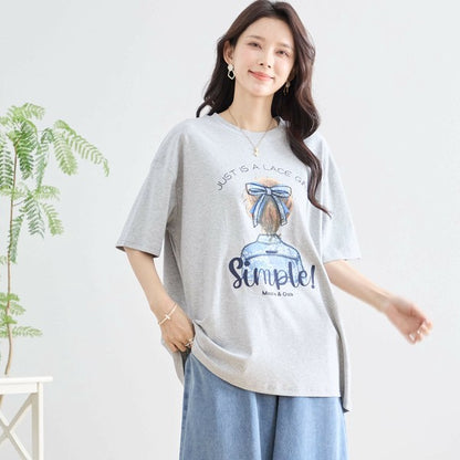 【M〜L】立体リボン×刺繍ガールプリントTシャツ｜ゆったりサイズ×綿混×3色展開（N12-627）