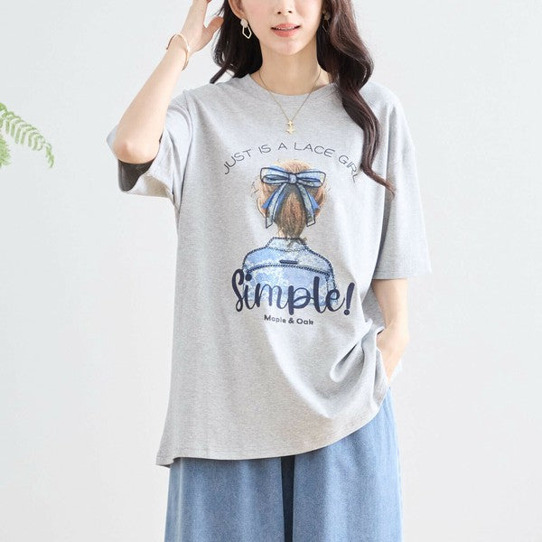 【M〜L】立体リボン×刺繍ガールプリントTシャツ｜ゆったりサイズ×綿混×3色展開（N12-627）
