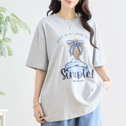 【M〜L】立体リボン×刺繍ガールプリントTシャツ｜ゆったりサイズ×綿混×3色展開（N12-627）