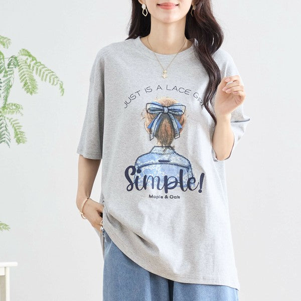 【M〜L】立体リボン×刺繍ガールプリントTシャツ｜ゆったりサイズ×綿混×3色展開（N12-627）