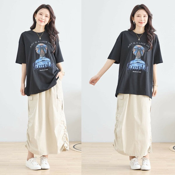 【M〜L】立体リボン×刺繍ガールプリントTシャツ｜ゆったりサイズ×綿混×3色展開（N12-627）