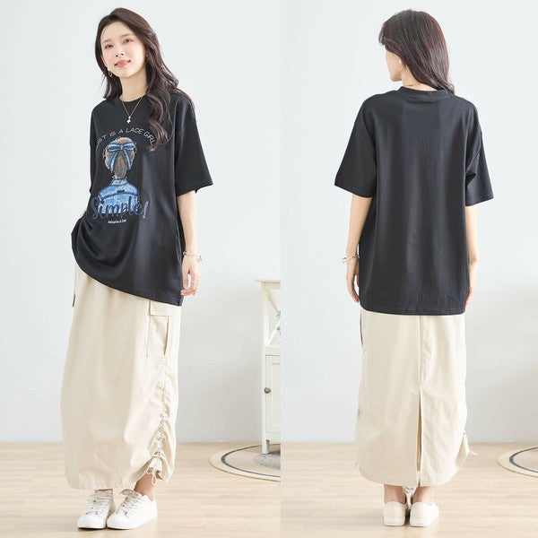 【M〜L】立体リボン×刺繍ガールプリントTシャツ｜ゆったりサイズ×綿混×3色展開（N12-627）