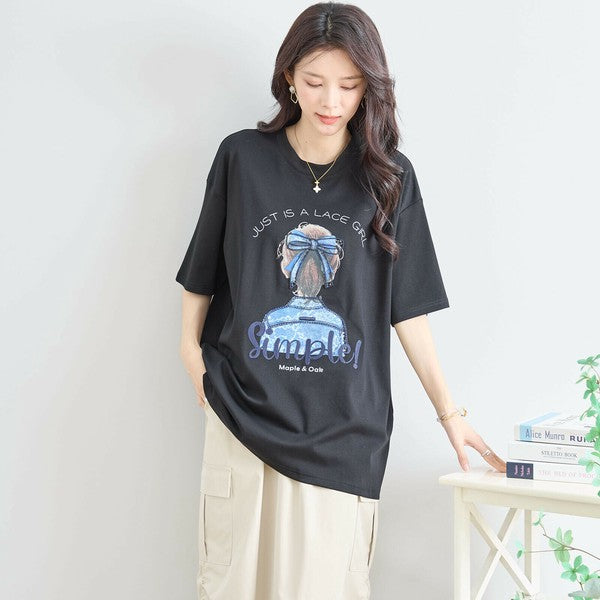 【M〜L】立体リボン×刺繍ガールプリントTシャツ｜ゆったりサイズ×綿混×3色展開（N12-627）