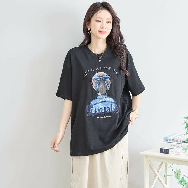 【M〜L】立体リボン×刺繍ガールプリントTシャツ｜ゆったりサイズ×綿混×3色展開（N12-627）