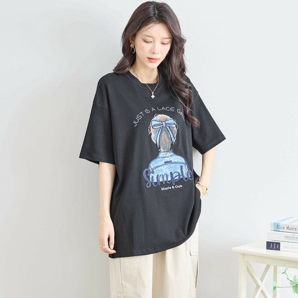【M〜L】立体リボン×刺繍ガールプリントTシャツ｜ゆったりサイズ×綿混×3色展開（N12-627）