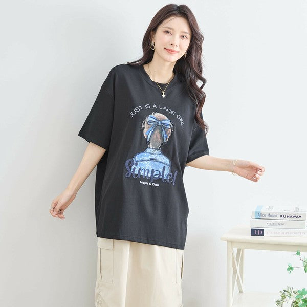 【M〜L】立体リボン×刺繍ガールプリントTシャツ｜ゆったりサイズ×綿混×3色展開（N12-627）