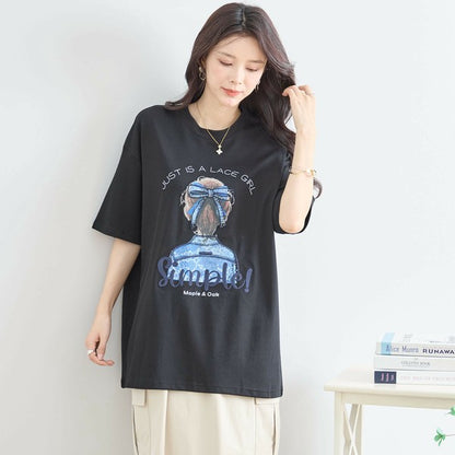 【M〜L】立体リボン×刺繍ガールプリントTシャツ｜ゆったりサイズ×綿混×3色展開（N12-627）
