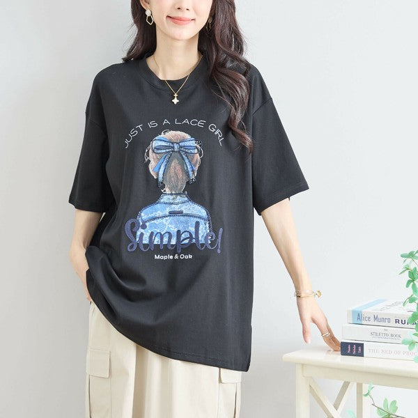【M〜L】立体リボン×刺繍ガールプリントTシャツ｜ゆったりサイズ×綿混×3色展開（N12-627）
