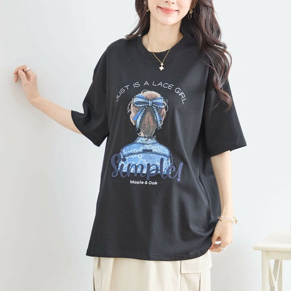 【M〜L】立体リボン×刺繍ガールプリントTシャツ｜ゆったりサイズ×綿混×3色展開（N12-627）