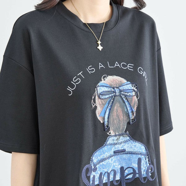 【M〜L】立体リボン×刺繍ガールプリントTシャツ｜ゆったりサイズ×綿混×3色展開（N12-627）